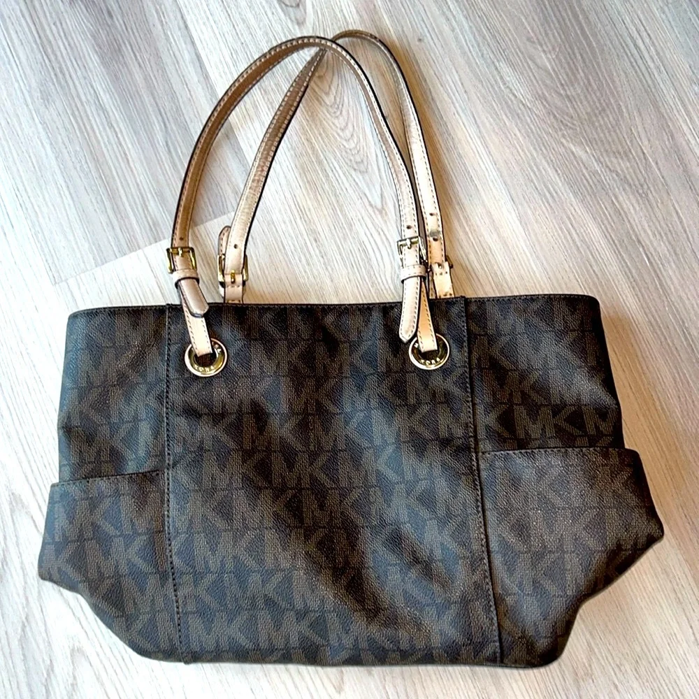 Michael Kors Jet Set Tote Brown Signature Monogram Handbag MK Logo Shoulder Bag - Picture 5 of 12